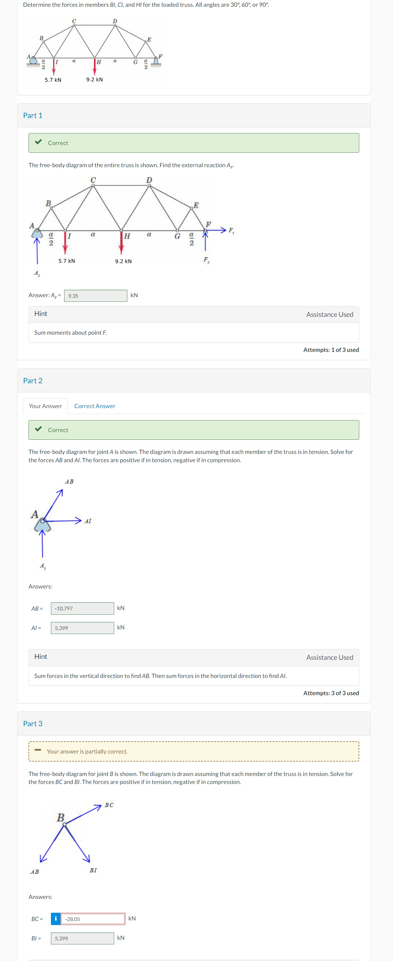 Solved Determine The Forces In Members BI,Cl, And HI For The | Chegg.com