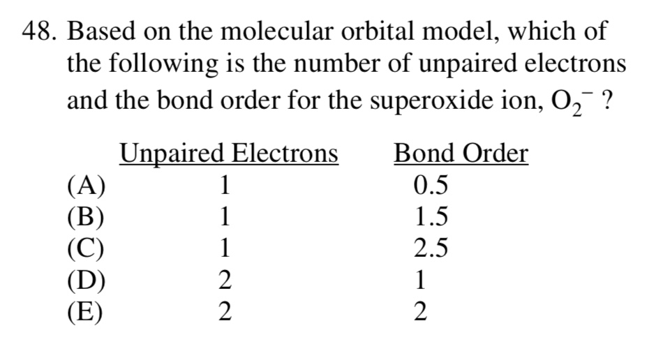 Solved 48. Based on the molecular orbital model, which of | Chegg.com