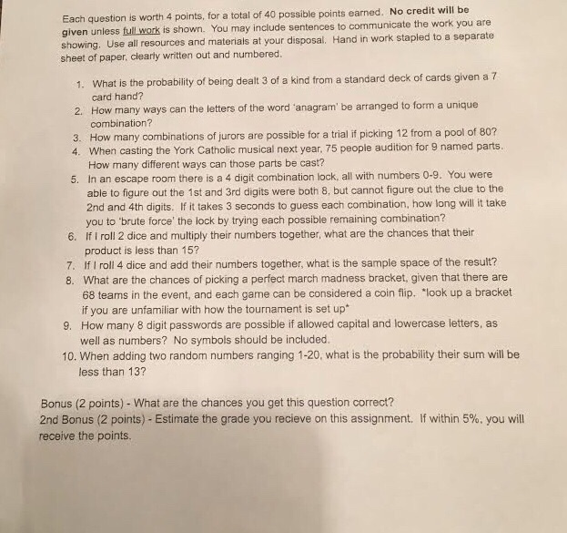 Solved Each question is worth 4 points, for a total of 40 | Chegg.com