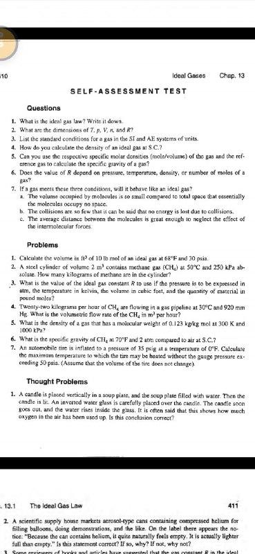Solved .10 Ideal Gases Chap 3 SELF-ASSESSMENT TEST Questions