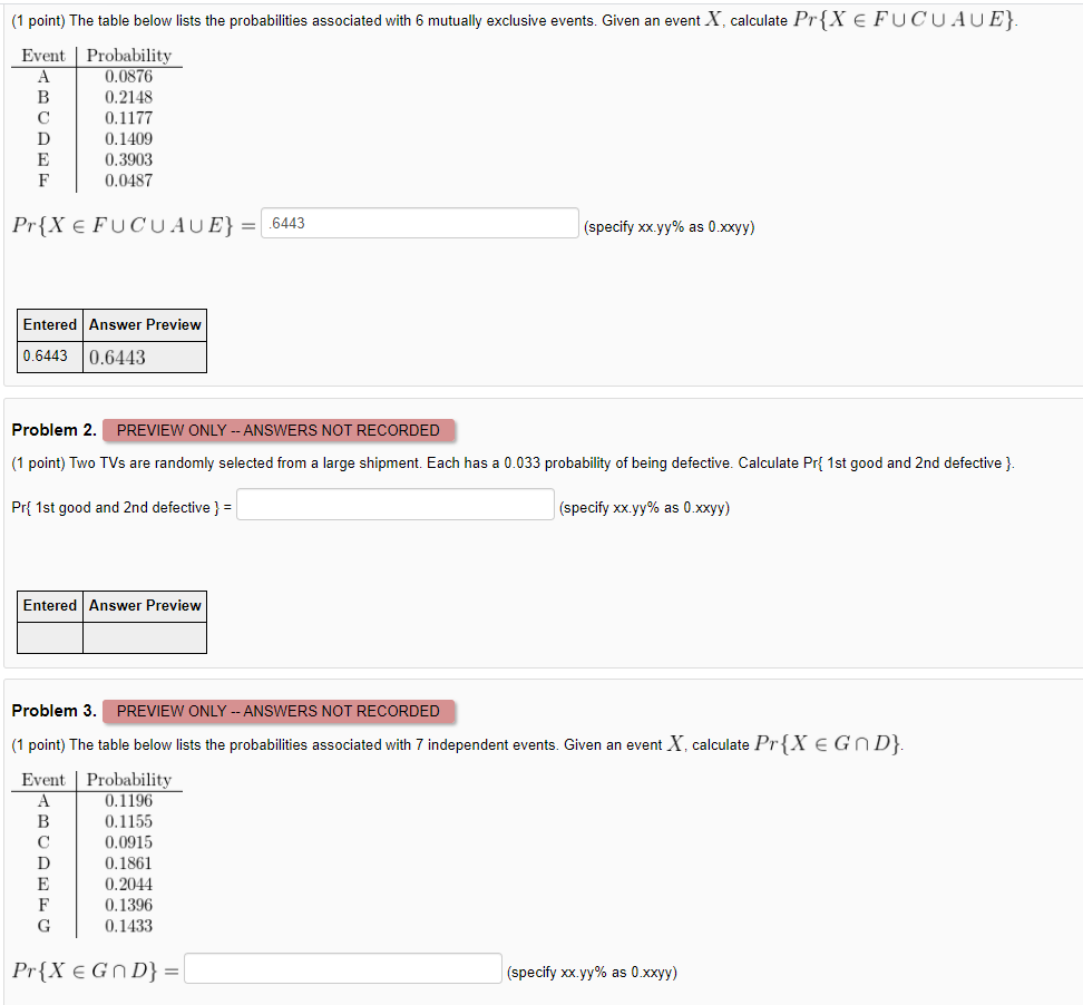 Solved (1 point) The table below lists the probabilities | Chegg.com