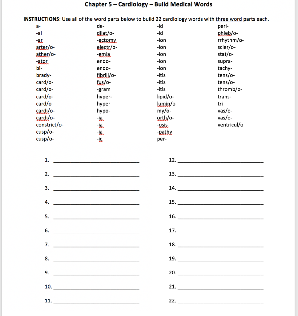 Solved Chapter 5- Cardiology - Build Medical Words | Chegg.com