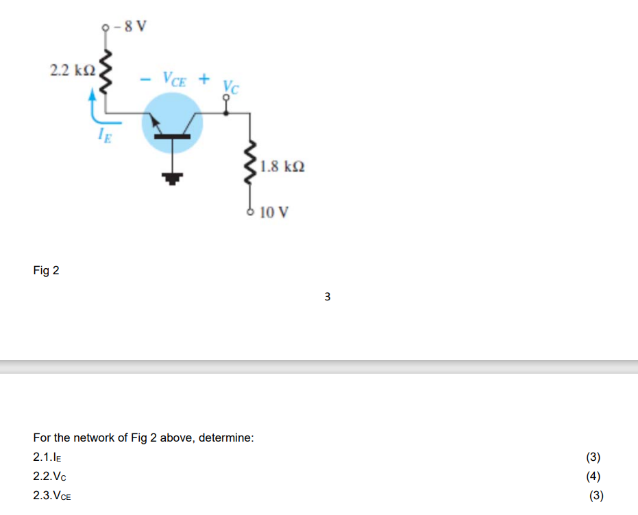 Solved For the network of Fig 2 above, determine: 2.1. IE | Chegg.com