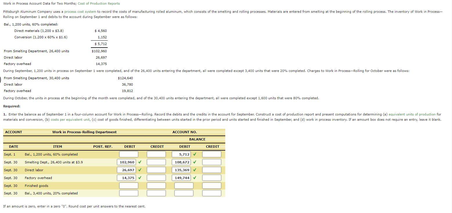 Solved Work in Process Account Data for Two months; Cost of