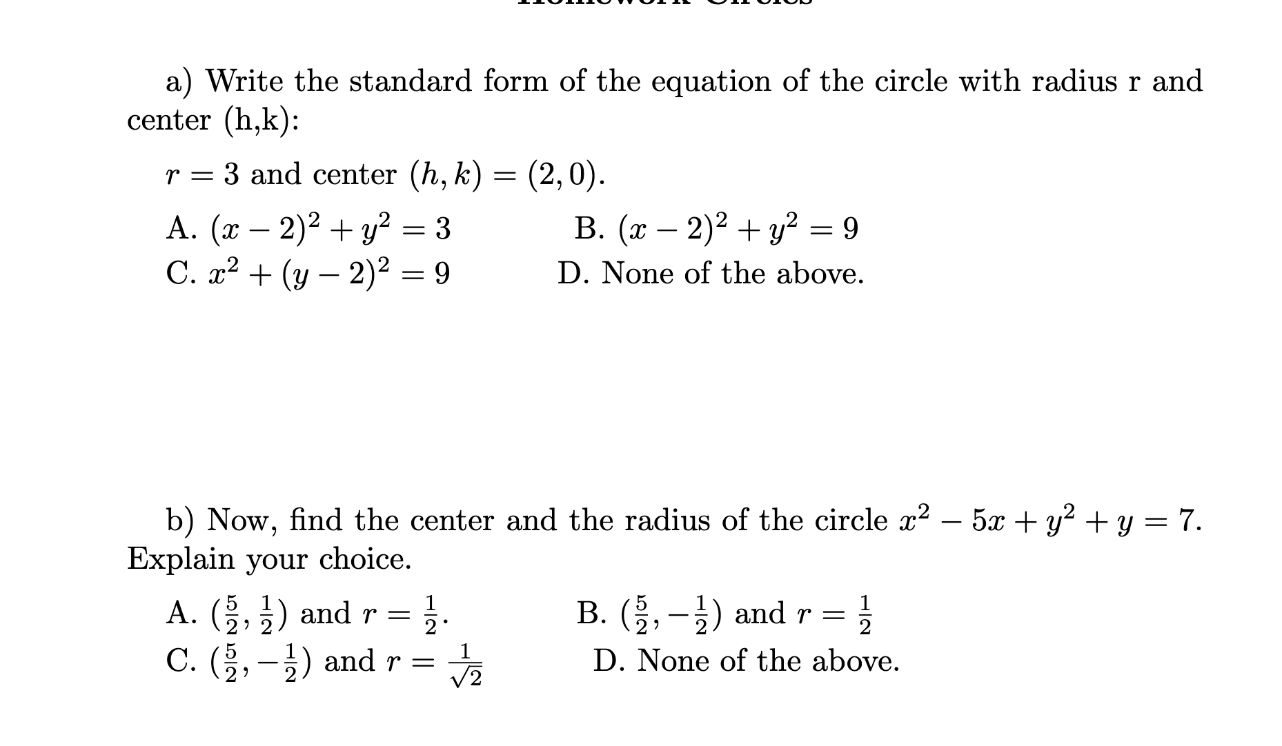 Solved a) Write the standard form of the equation of the | Chegg.com