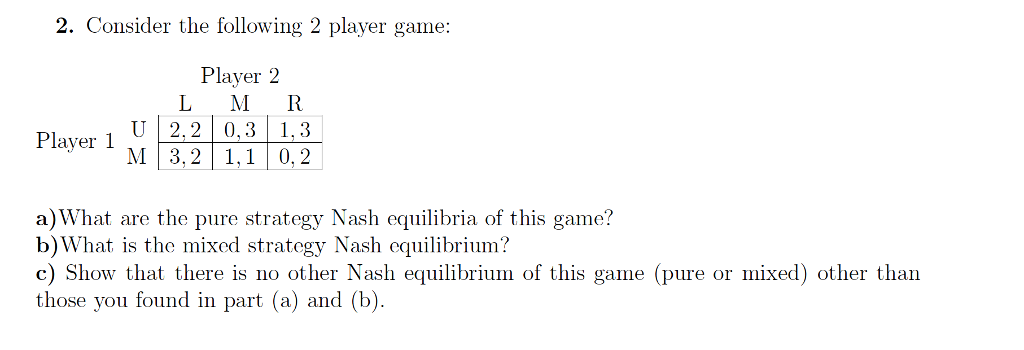 Solved 2. Consider the following 2 player game: Player 2 L | Chegg.com