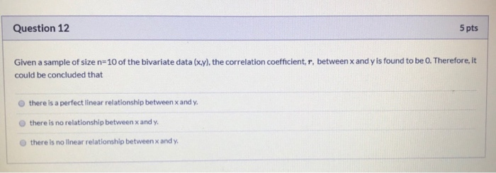 Solved Question 12 5 pts Given a sample of size n 10 of the | Chegg.com