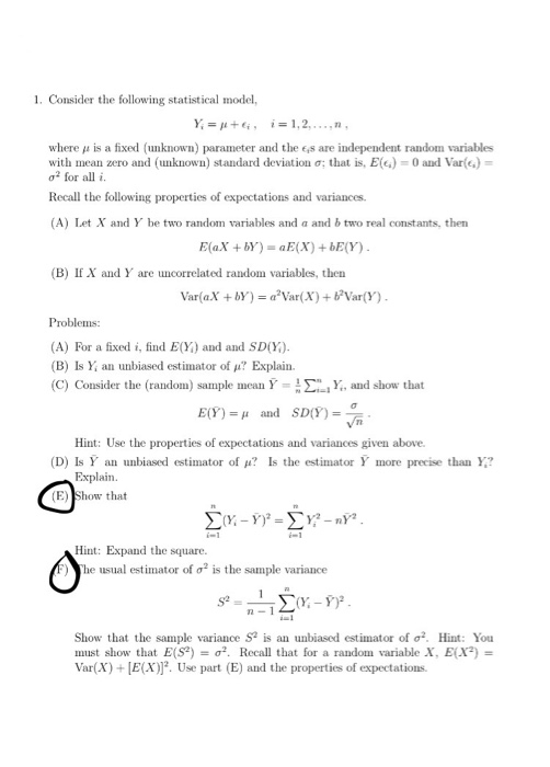 Solved Consider the following statistical model. Y_i = mu + | Chegg.com