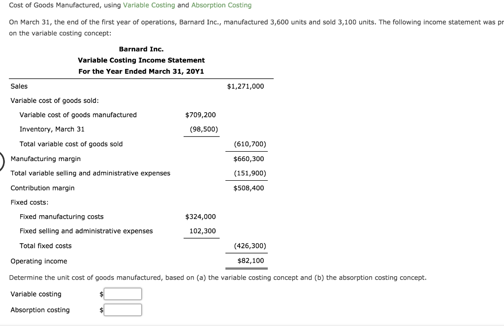 Solved Cost of Goods Manufactured, using Variable Costing