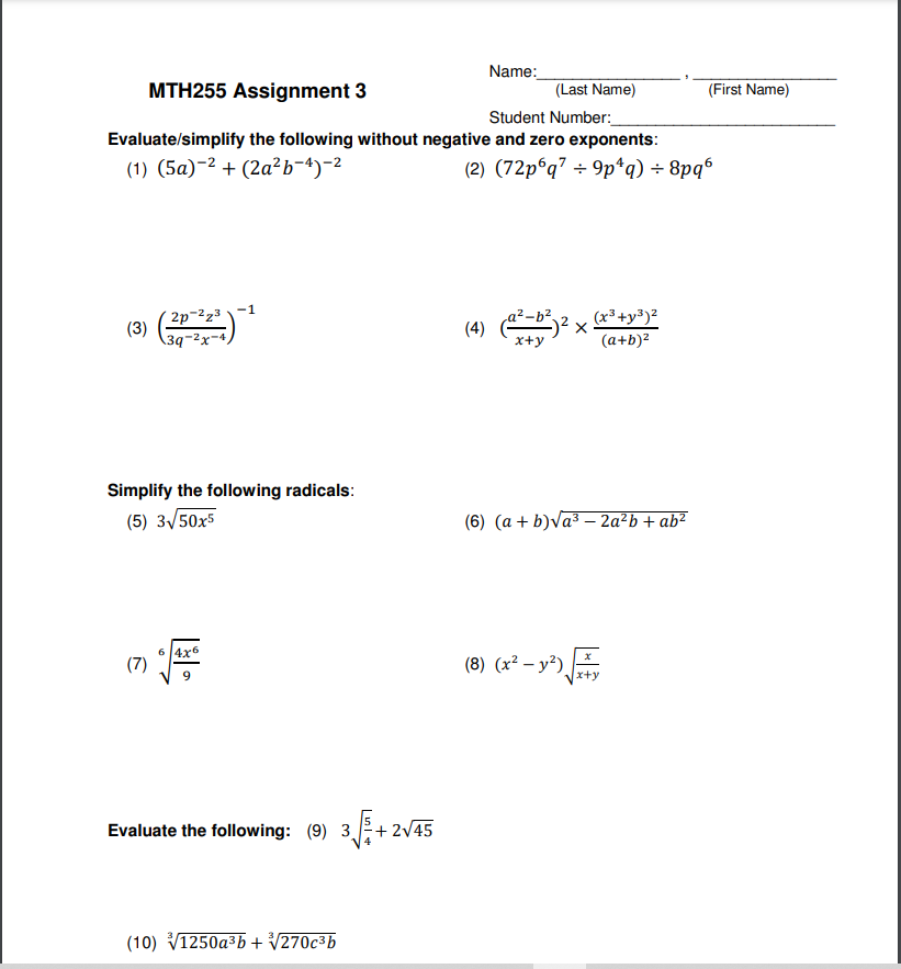 Solved Name: MTH255 Assignment 3 (Last Name) (First Name) | Chegg.com