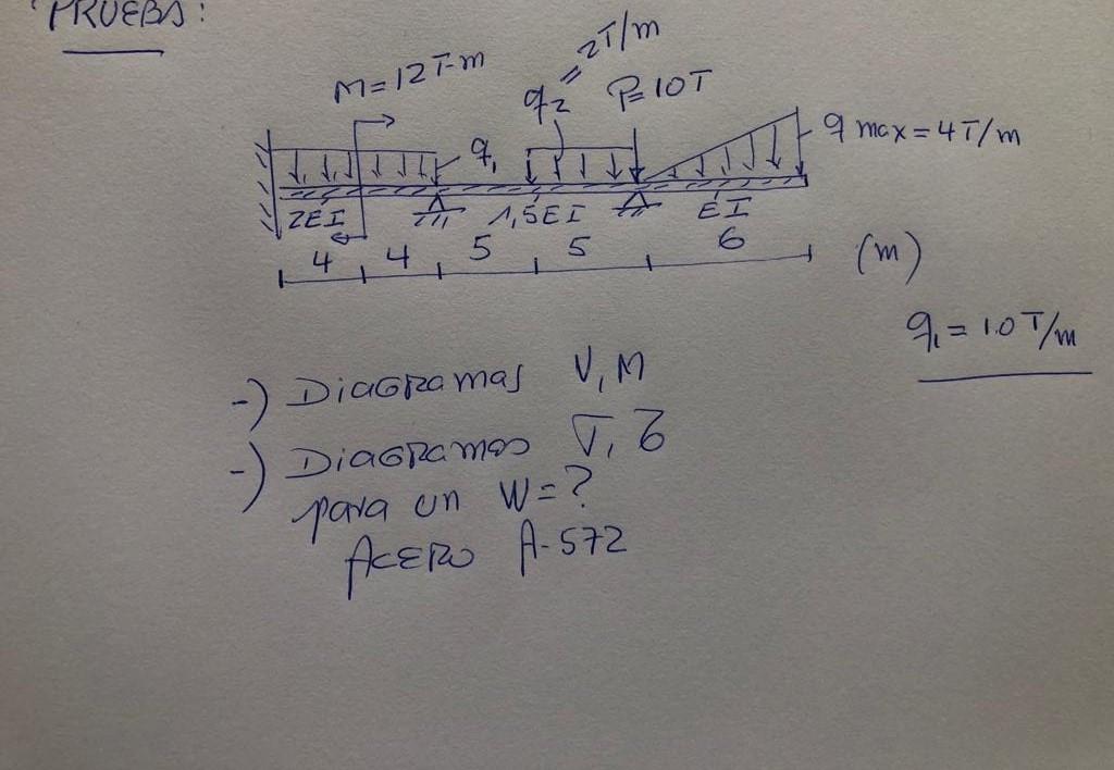 PRUEBA: _zT/m 2 PIOT ZEI ASEI EI 4 4 5 5 6 1 + -) Diagramas V,M Diagramas , 6 para un W=? ACERO A-572 M=127-m J qmcx=47/m (m)