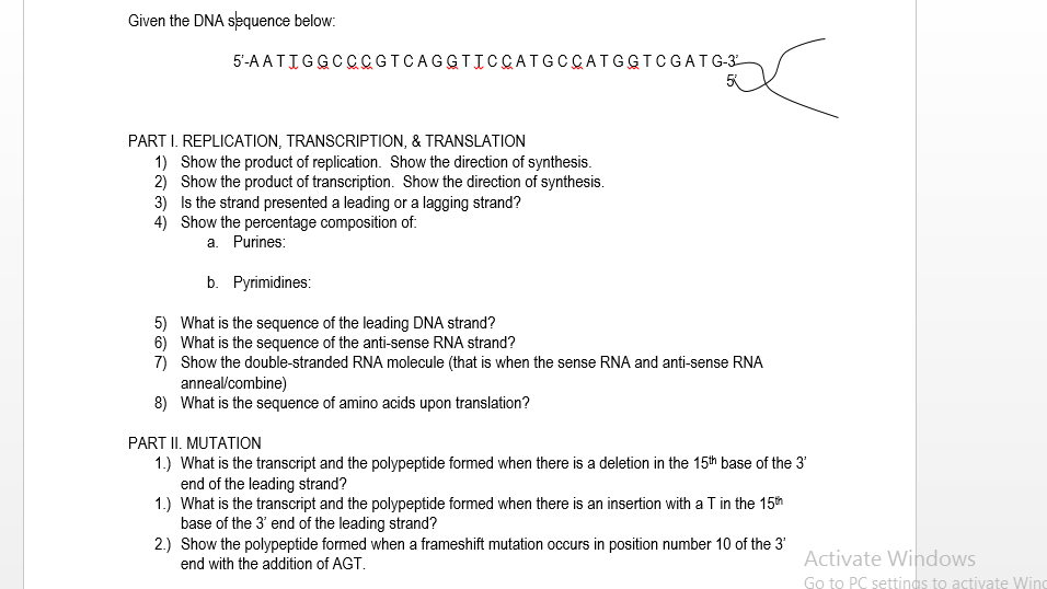 Solved Given the DNA sequence below: | Chegg.com