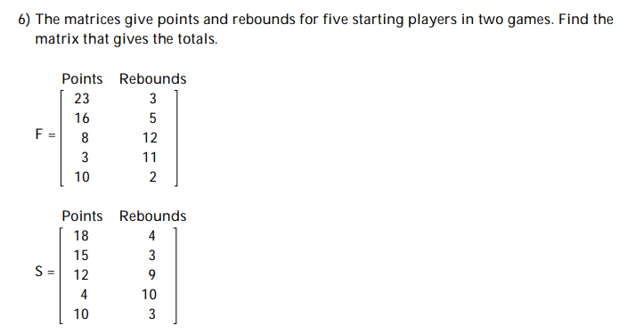 Solved 6) The matrices give points and rebounds for five | Chegg.com