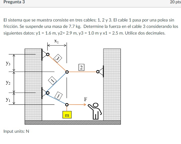 El sistema que se muestra consiste en tres cables; 1,2 y 3 . El cable 1 pasa por una polea sin fricción. Se suspende una masa