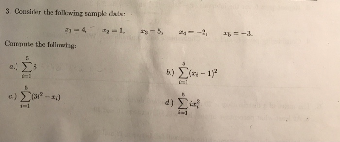 Solved 3. Consider the following sample data: Compute the | Chegg.com