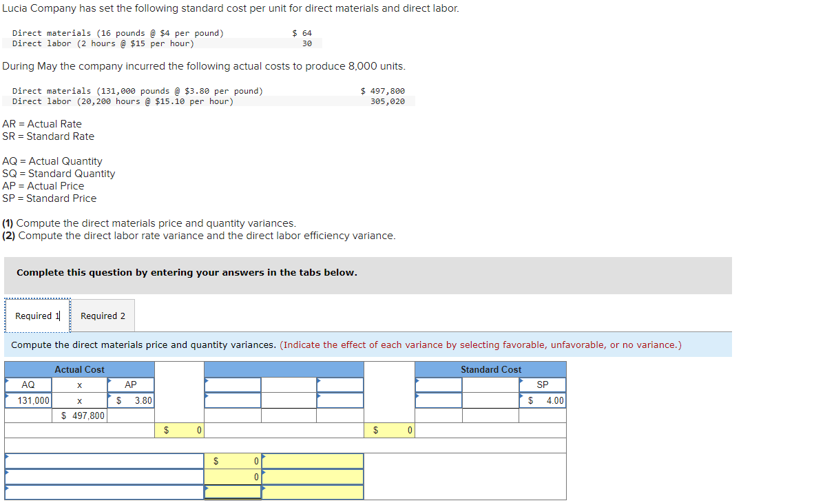 Solved Lucia Company has set the following standard cost per