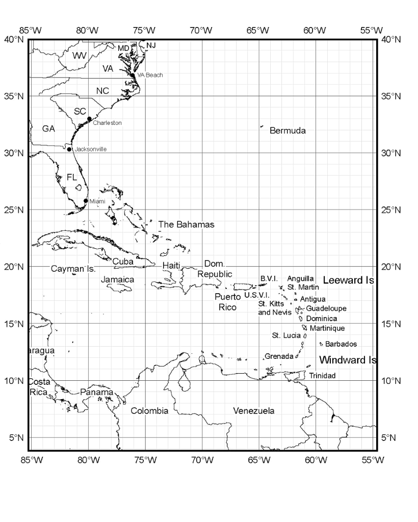 Solved The map provided shows and area of the Atlantic Ocean | Chegg.com