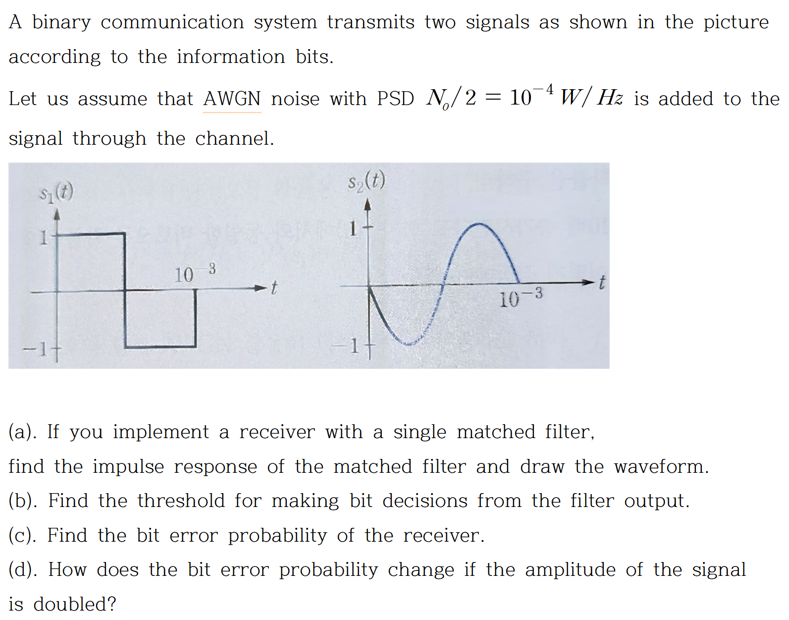 Solved A Binary Communication System Transmits Two Signals | Chegg.com