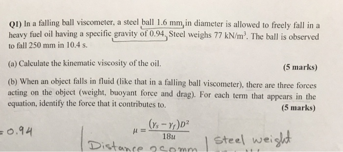 Solved Q1) In a falling ball viscometer, a steel ball 1.6 | Chegg.com