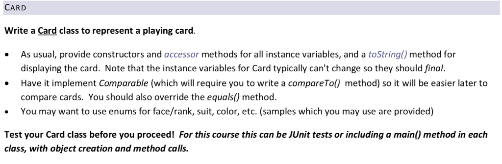 CARD Write a Card class to represent a playing card. | Chegg.com