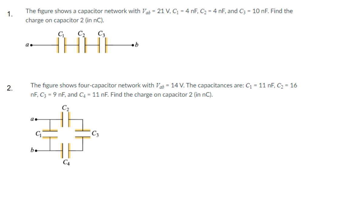 Solved The figure shows a capacitor network with Vab=21 | Chegg.com