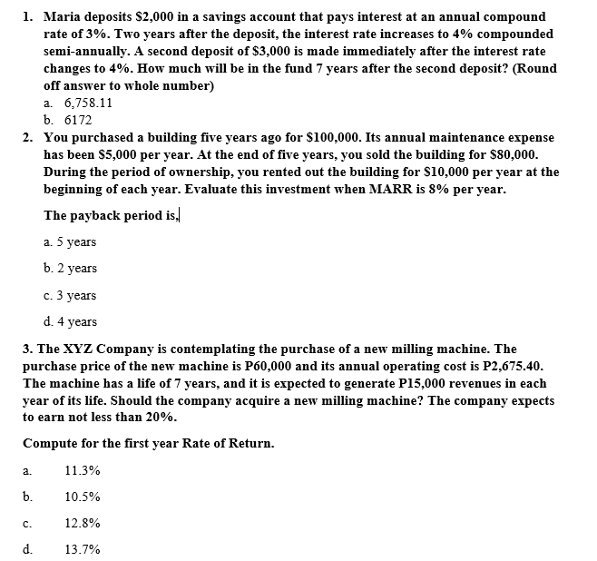 Solved 1 Maria Deposits 2000 In A Savings Account That 7019