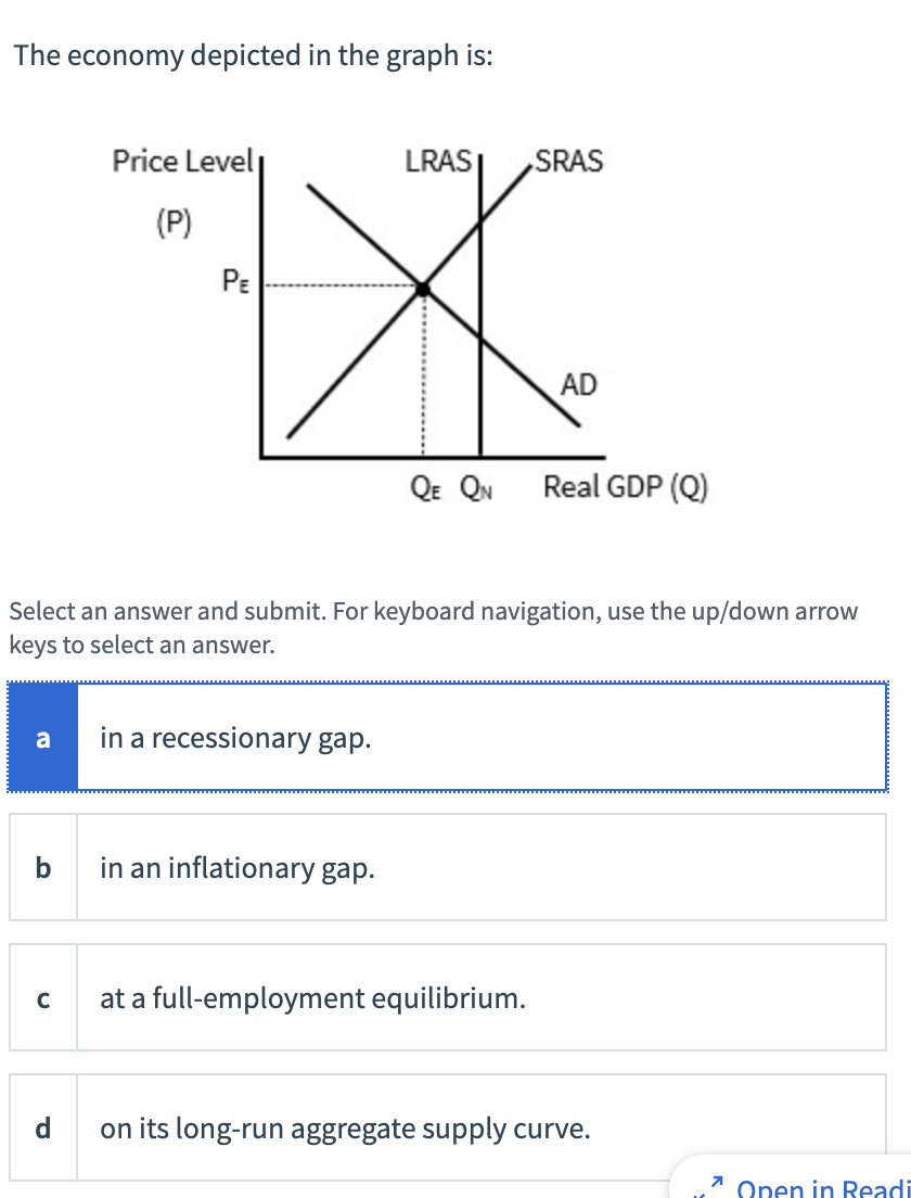 The economy depicted in the graph is:
Select an answer and submit. For keyboard navigation, use the up/down arrow keys to sel