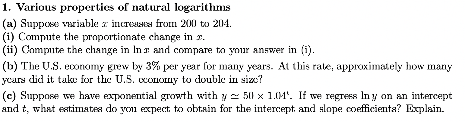 1. Various properties of natural logarithms (a) | Chegg.com