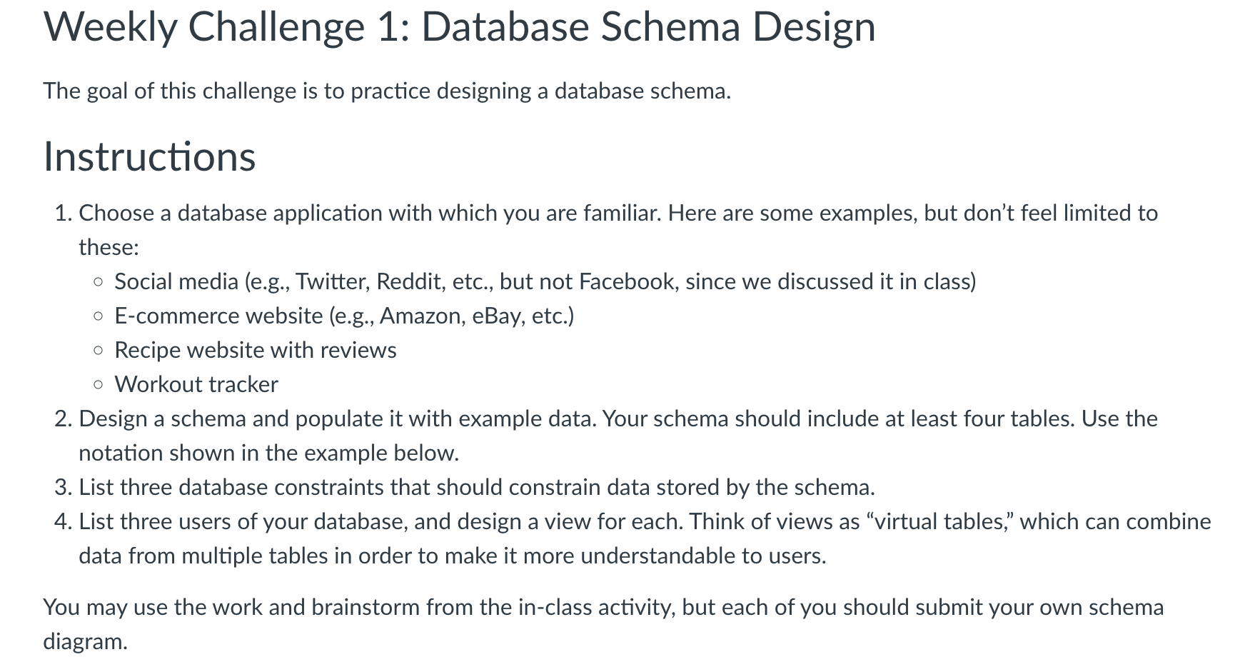 Solved Weekly Challenge 1: Database Schema Design The goal | Chegg.com