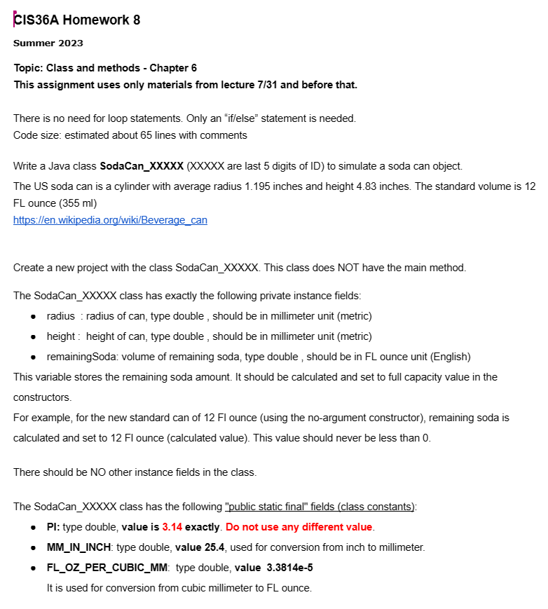 Solved CIS36A Homework 8 Summer 2023 Topic: Class and | Chegg.com