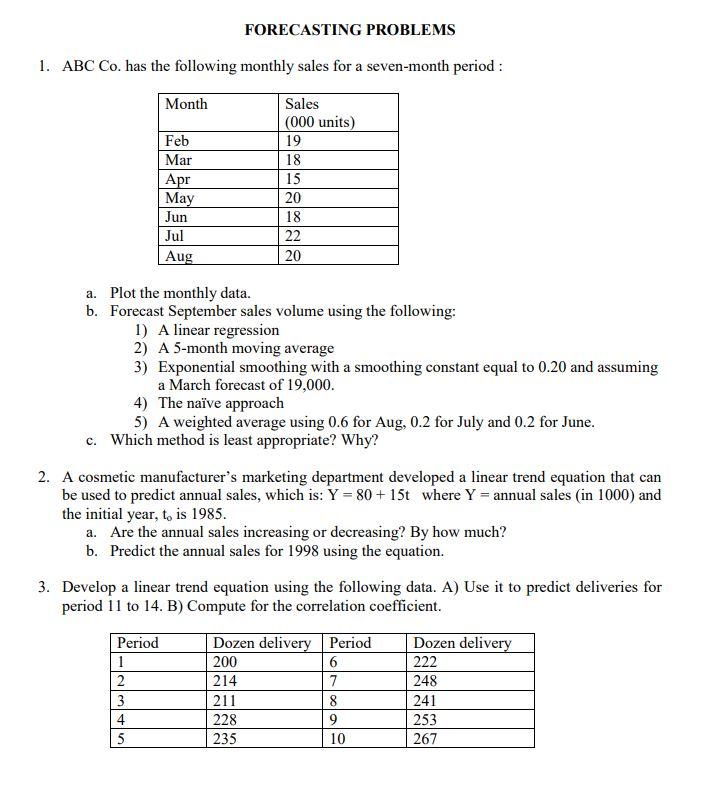 Solved FORECASTING PROBLEMS 1. ABC Co. has the following | Chegg.com