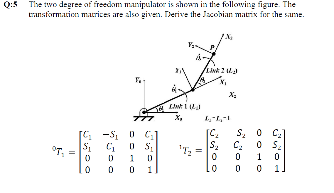 :5 The two degree of freedom manipulator is shown in the following figure. The transformation matrices are also given. Derive