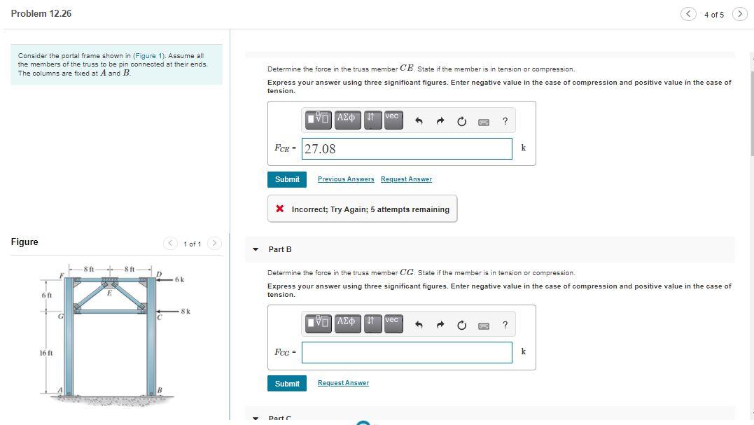 Solved Problem 12.26 4 of 5 Consider the portal frame shown | Chegg.com