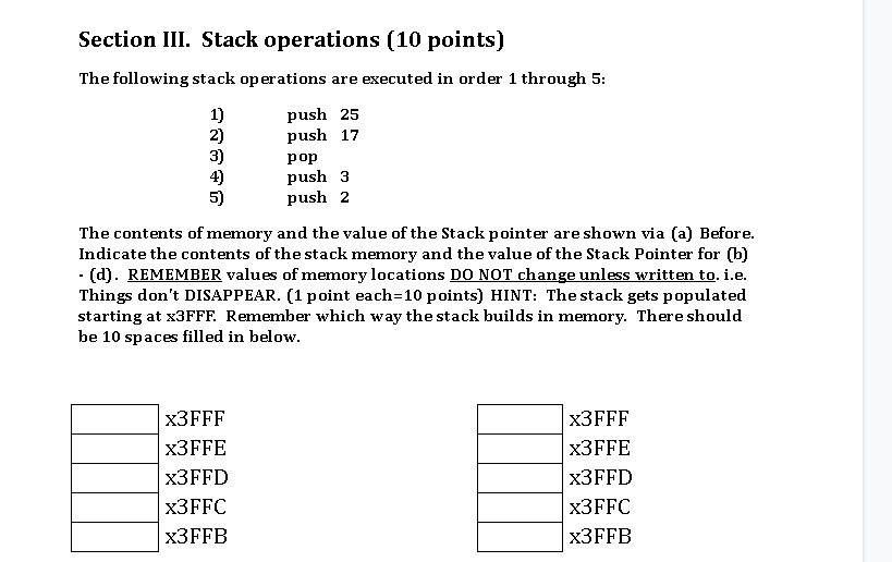 Solved Section III. Stack operations (10 points) The | Chegg.com