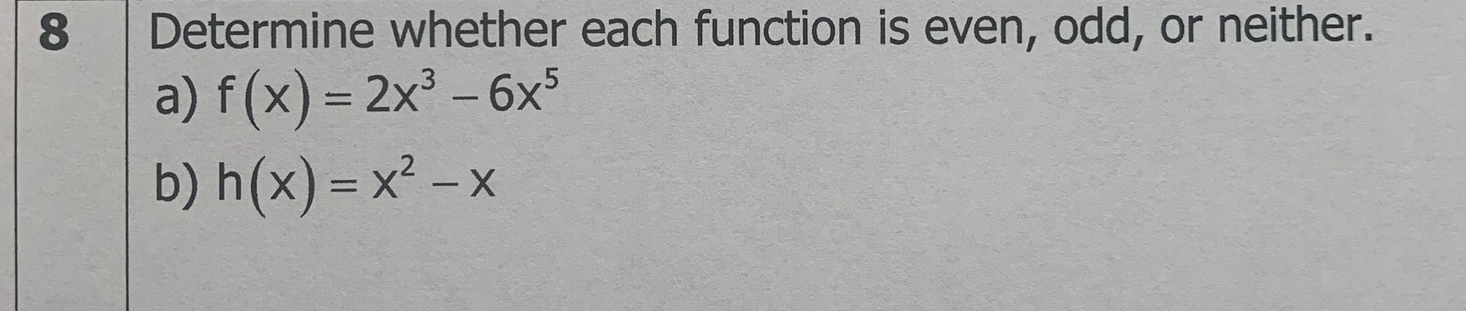 Solved 8 Determine whether each function is even, odd, or | Chegg.com