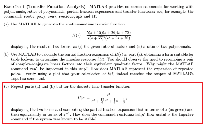 Solved Exercise 1 (Transfer Function Analysis) MATLAB | Chegg.com