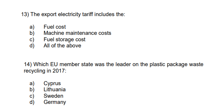 Solved 13) The Export Electricity Tariff Includes The: A) B) | Chegg.com