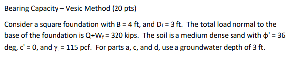Solved Bearing Capacity - Vesic Method (20 pts) Consider a | Chegg.com