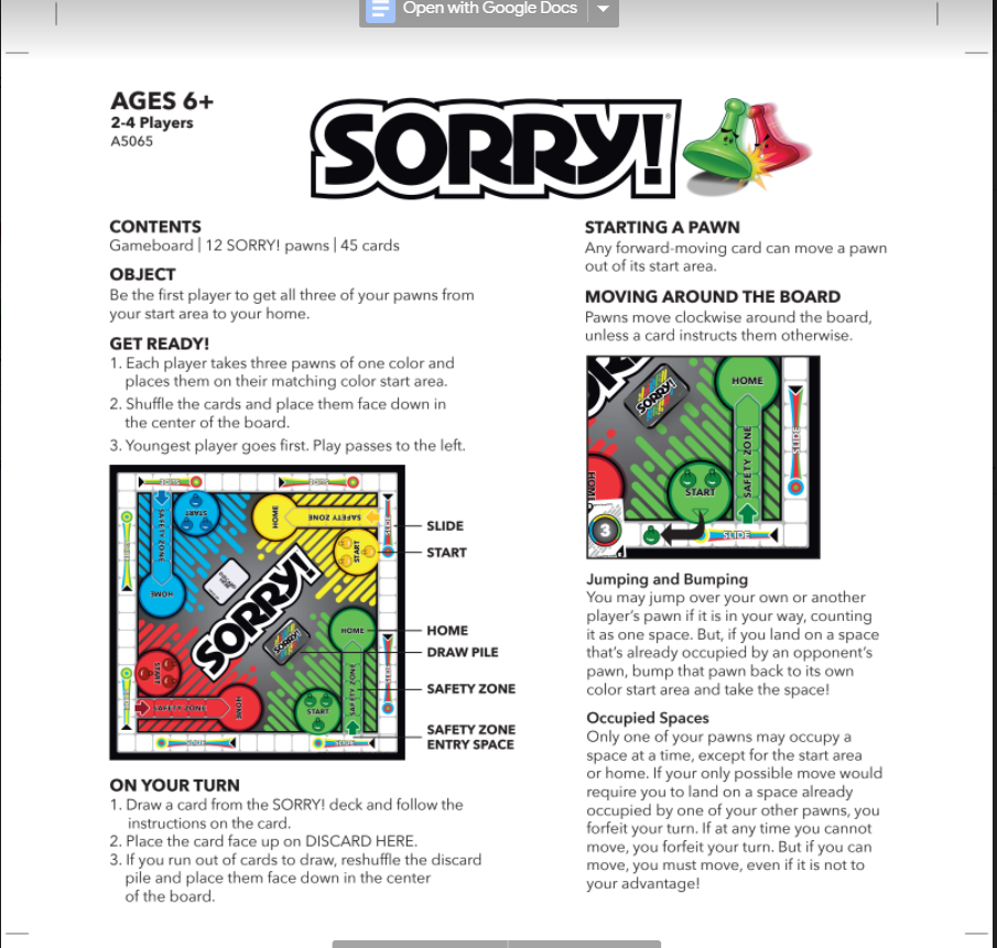 Sorry Board Game Pieces Part Fire and Ice Pawns Cards Instructions Game  Board