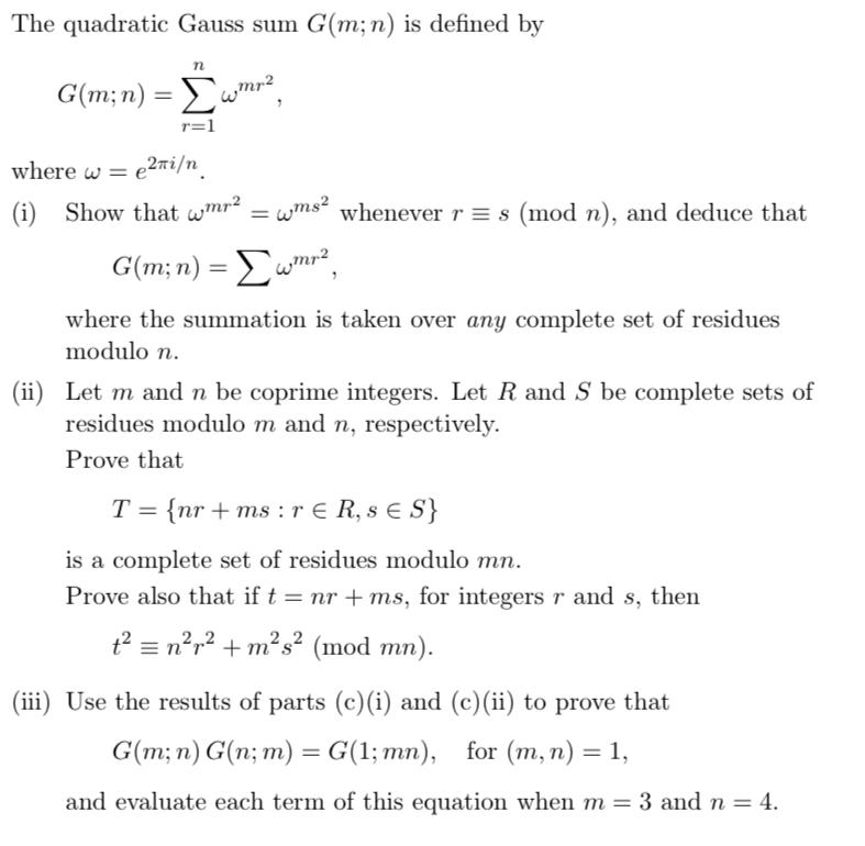 The quadratic gauss sum g m n is defined by chegg