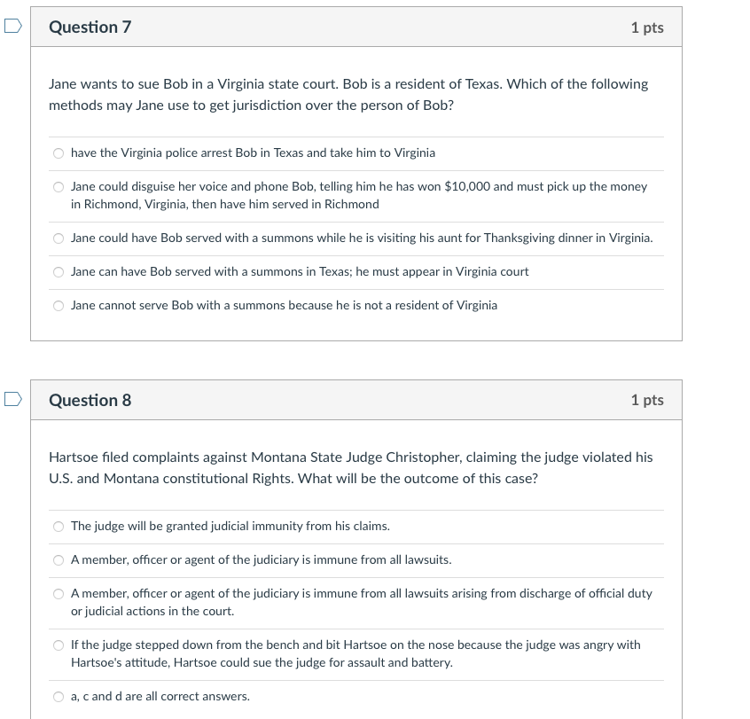 Solved Question 7 1 pts Jane wants to sue Bob in a Virginia | Chegg.com