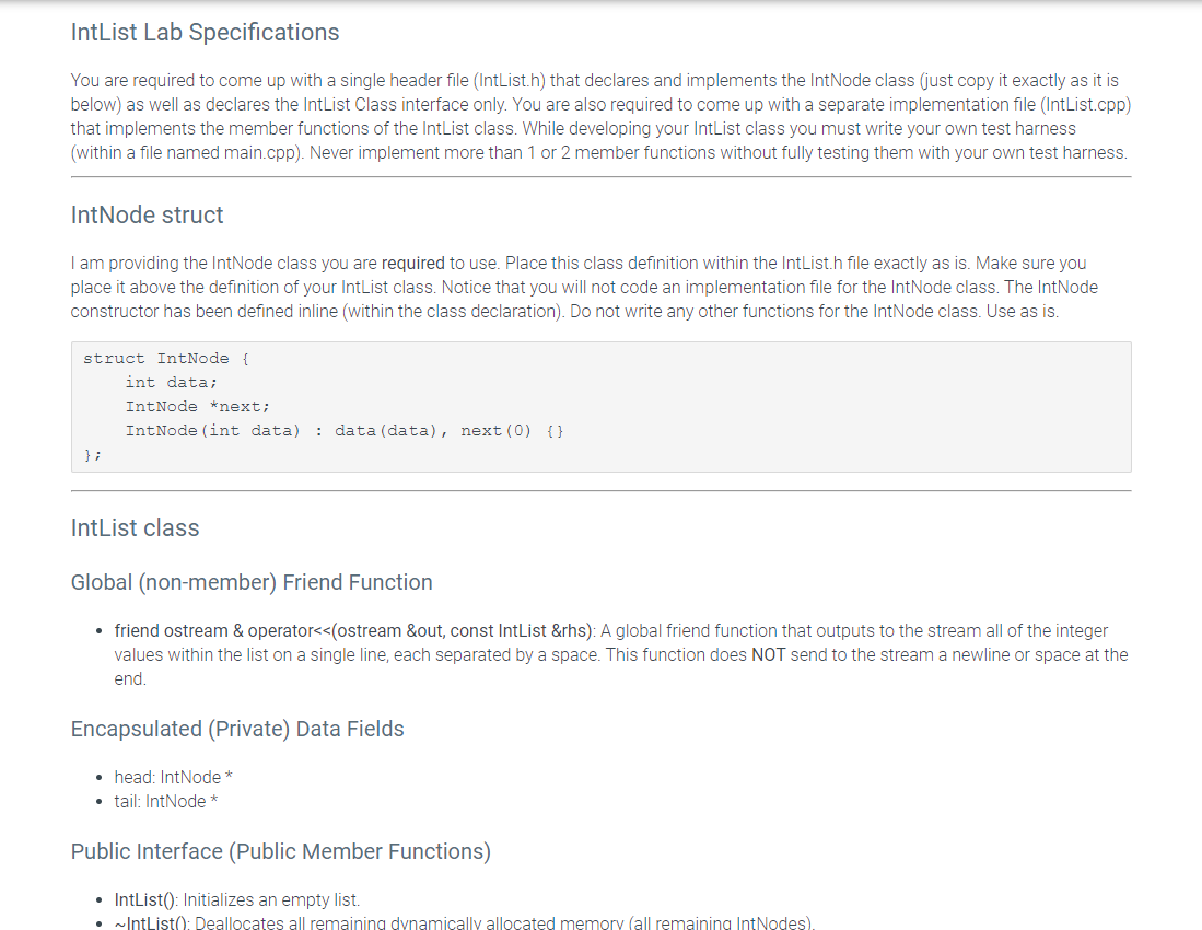 Solved IntList Lab Specifications You are required to come | Chegg.com