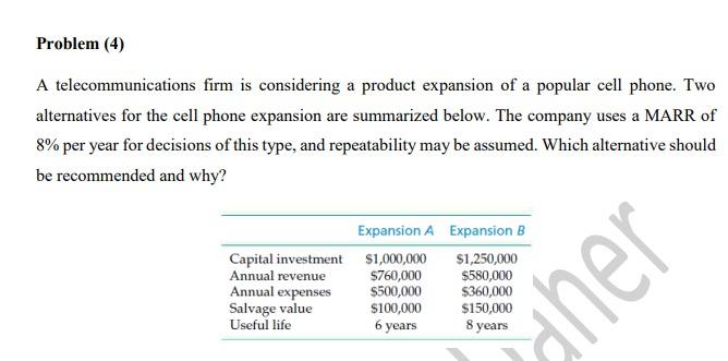 Solved Problem (4) A telecommunications firm is considering | Chegg.com