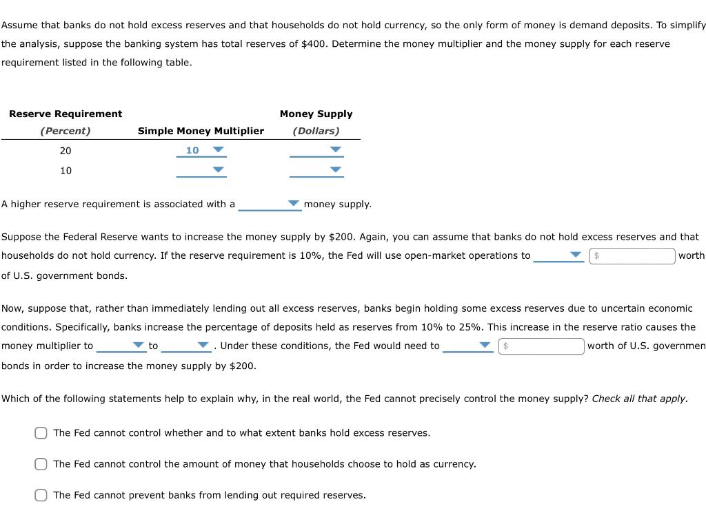 Solved Assume that banks do not hold excess reserves and