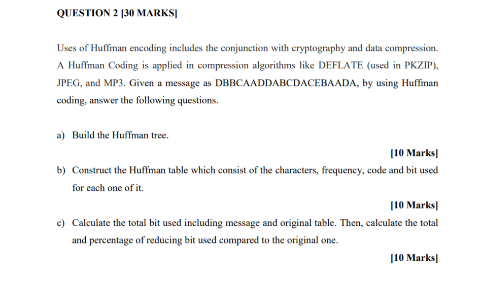 Solved QUESTION 2 [30 MARKS] Uses of Huffman encoding | Chegg.com