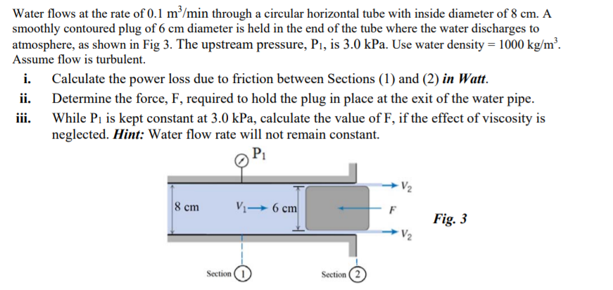 Water flows at the rate of 0.1 m /min through a circular horizontal tube with inside diameter of 8 cm. A
smoothly contoured p