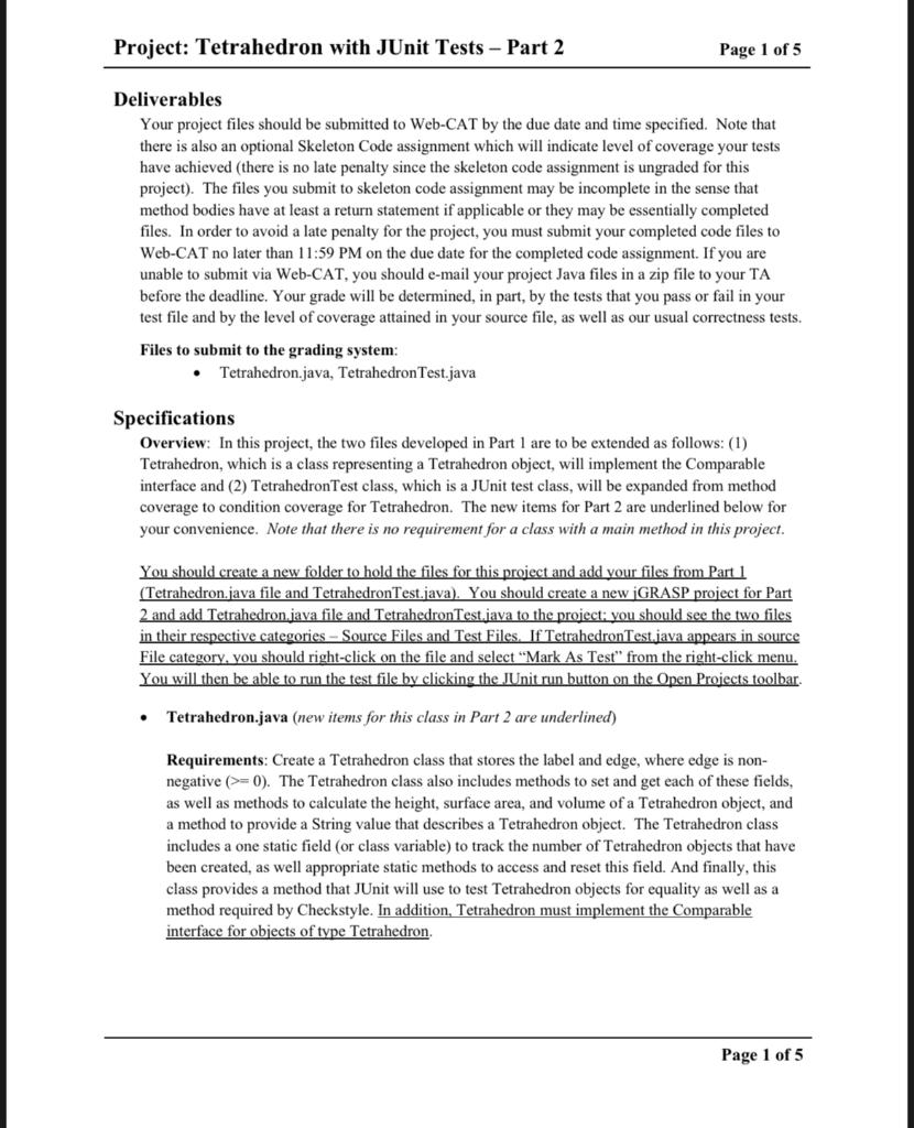 Solved Project: Tetrahedron with JUnit Tests - Part 2 Page 1 | Chegg.com