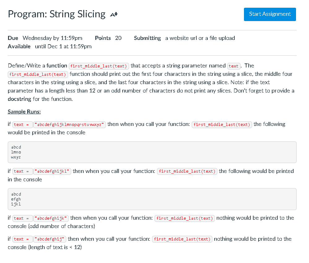 Solved Program: String Slicing A Start Assignment Points 20 | Chegg.com