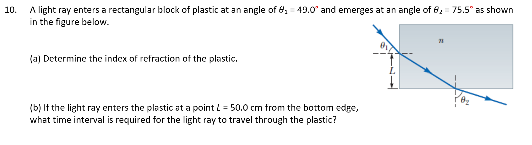 Solved 10. A light ray enters a rectangular block of plastic | Chegg.com