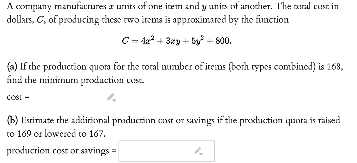 Solved A company manufactures x units of one item and y | Chegg.com